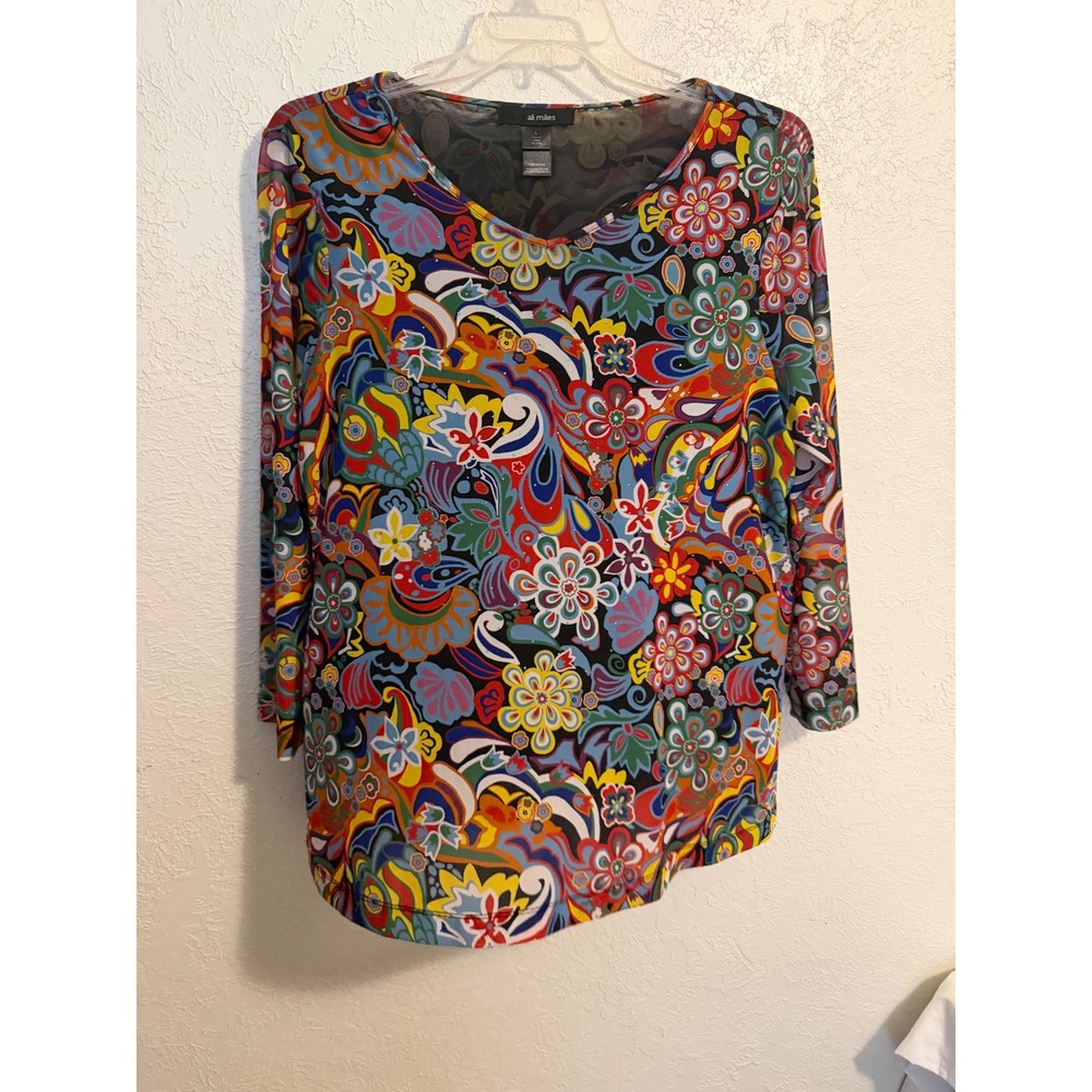 Ali Miles Womens Large Multicolor Psychedelic Floral Paisley Mesh V-Neck Top